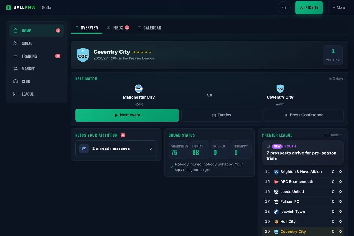 Gaffa's career hub: Coventry City in week 1 of the 2026/27 Premier League season, with the next match against Manchester City, squad fitness and the league table